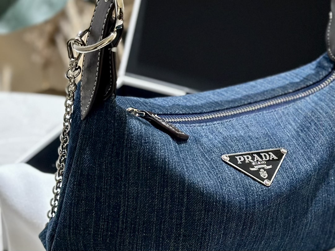 Prada Jeans Ring Shoulder Bag Denim Blue 25Cm
