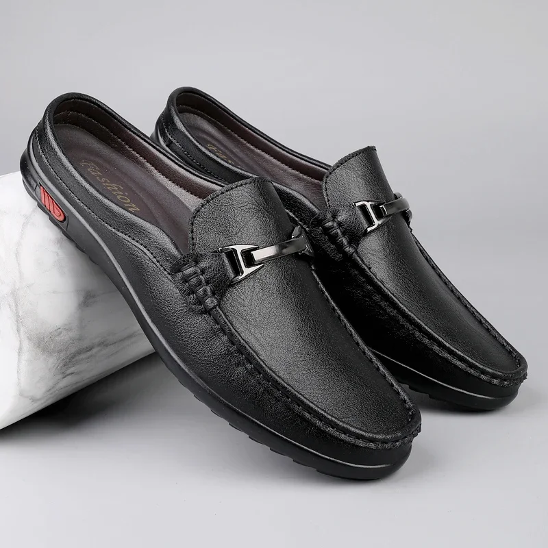Hot Sale Mens Casual Muller Shoes Business Leather Men Half Slippers Summer Breathable Half Drag Slip-on Lazy Loafers Moccasins
