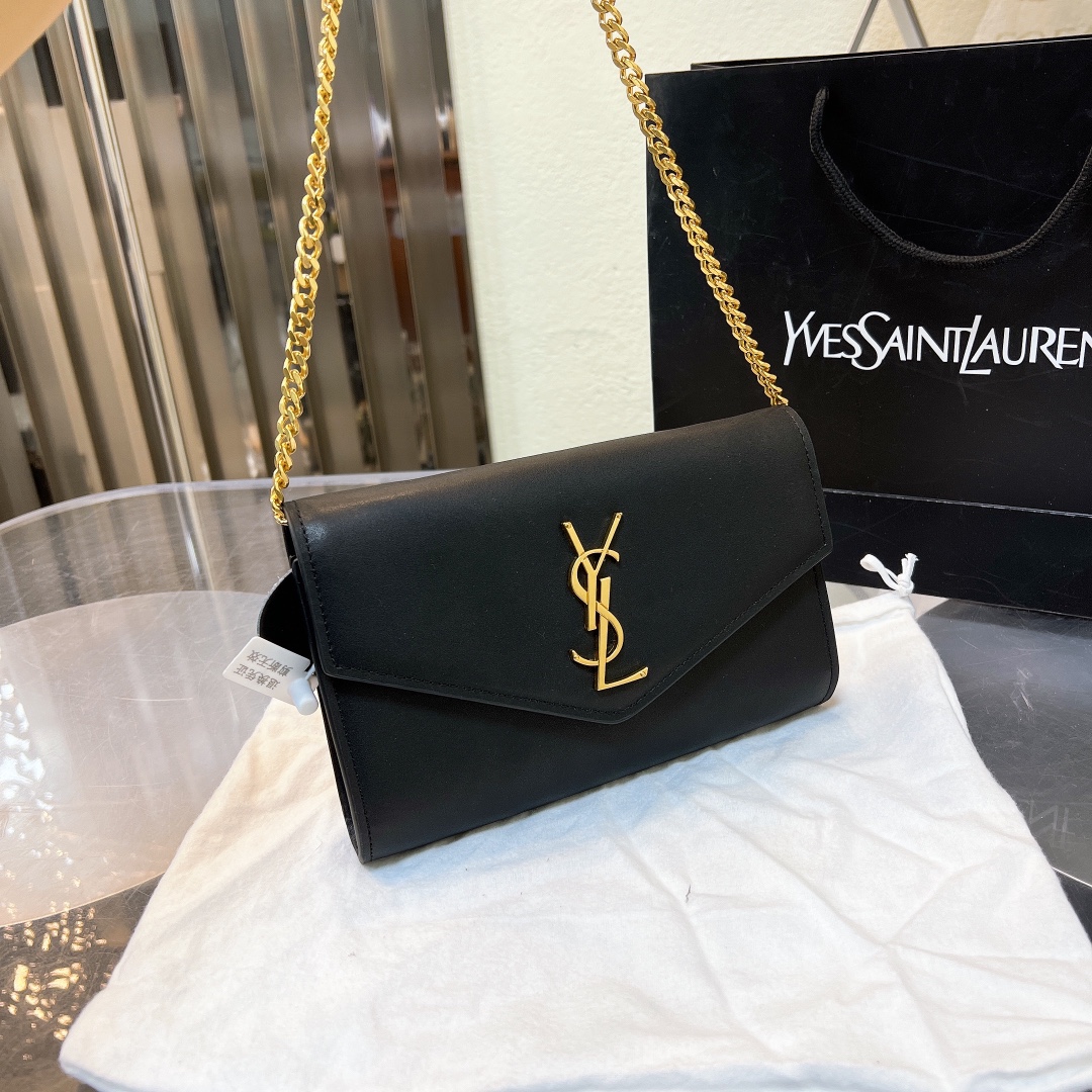 Saint Laurent Uptown Chain Wallet In Grain De Poudre Embossed Black 19Cm