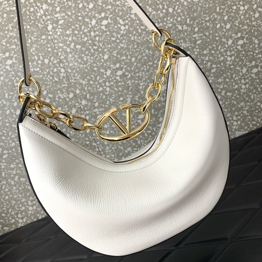 Valentino Garavani Small VLogo Moon Hobo Bag In Grainy Calfskin With Chain White 29Cm 4W2B0N08Jdk 098