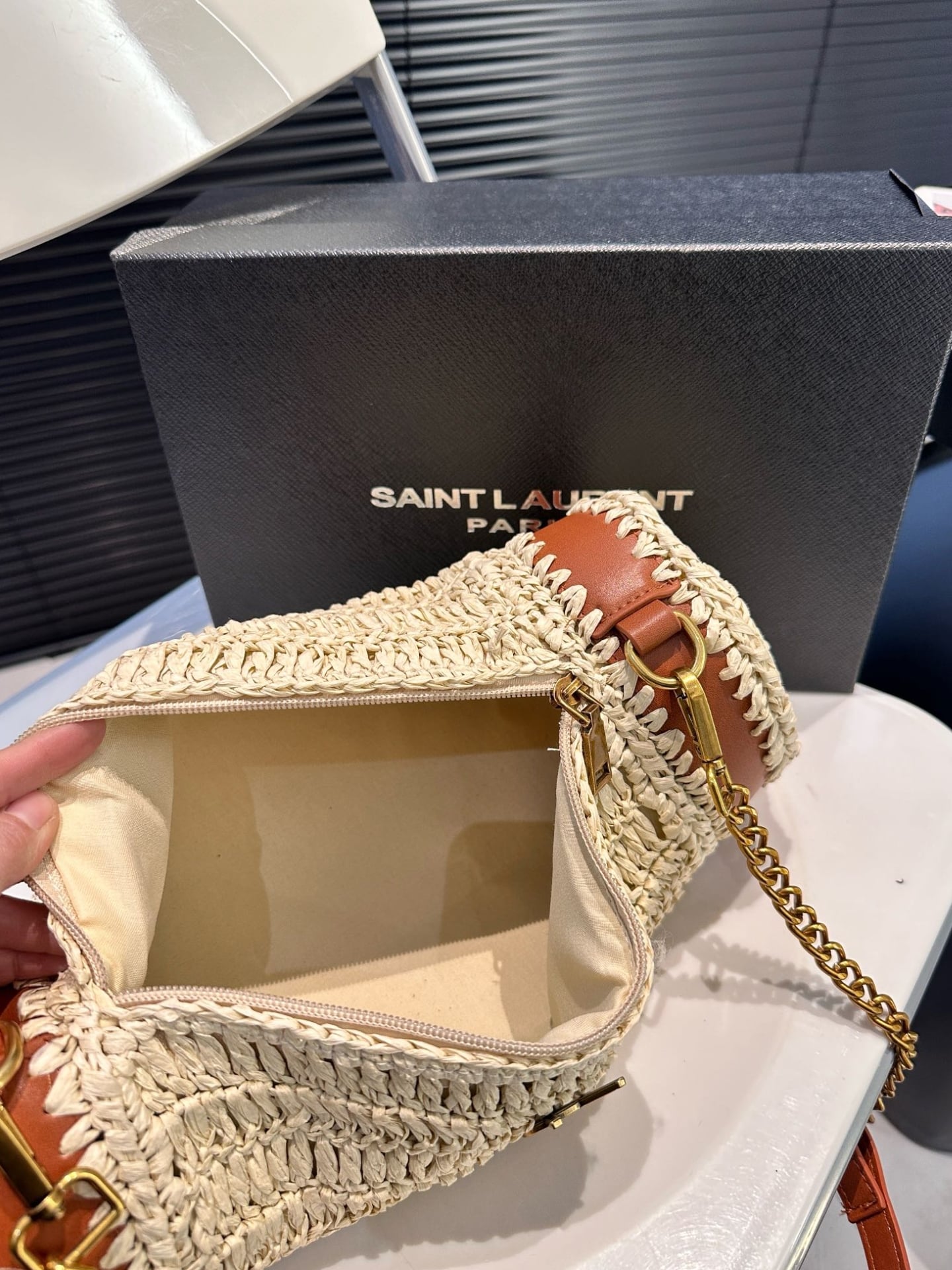 Saint Laurent Sade Raffia Tube Bag In Natural 33Cm