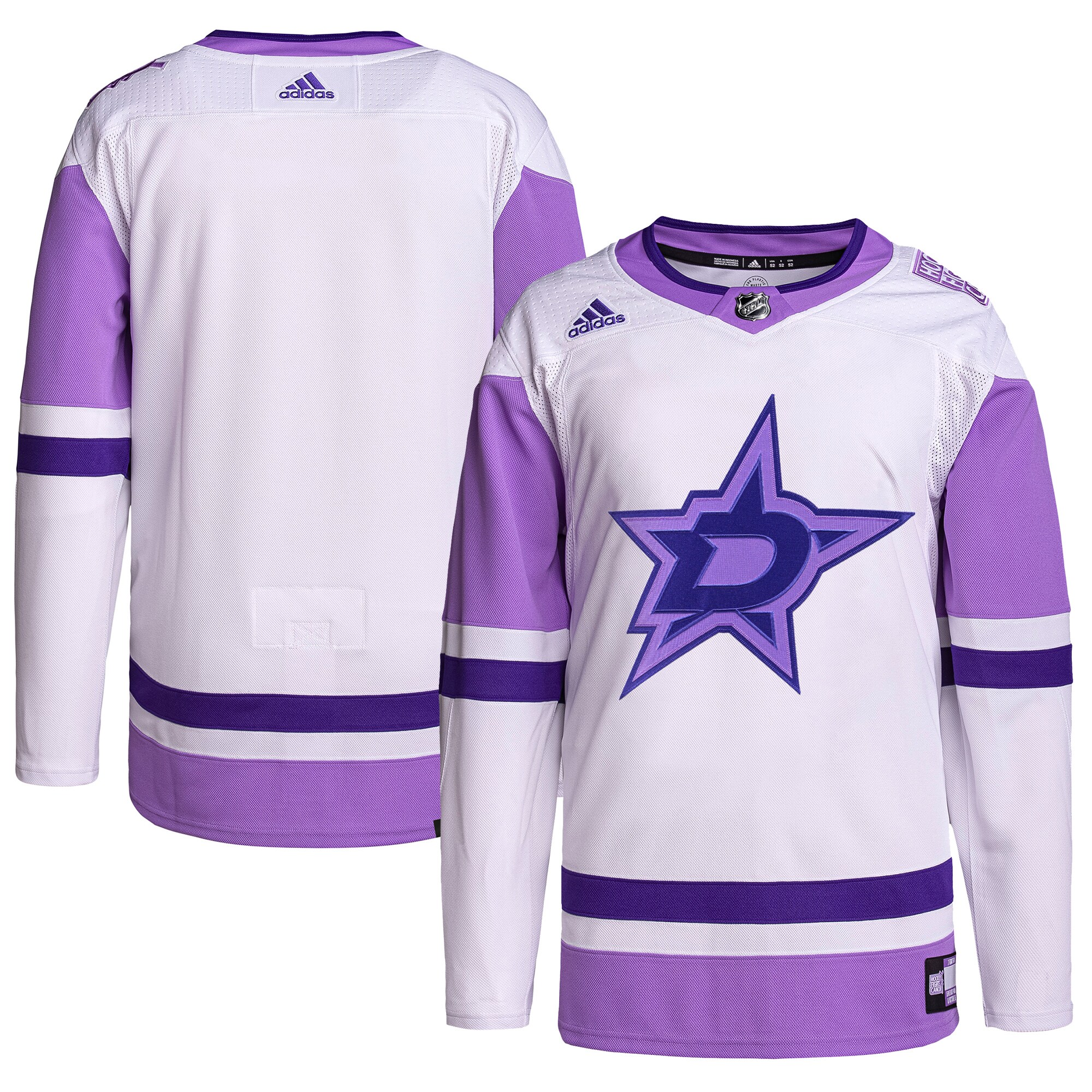 Dallas Stars adidas Hockey Fights Cancer Primegreen Authentic Blank Practice Jersey – White/Purple