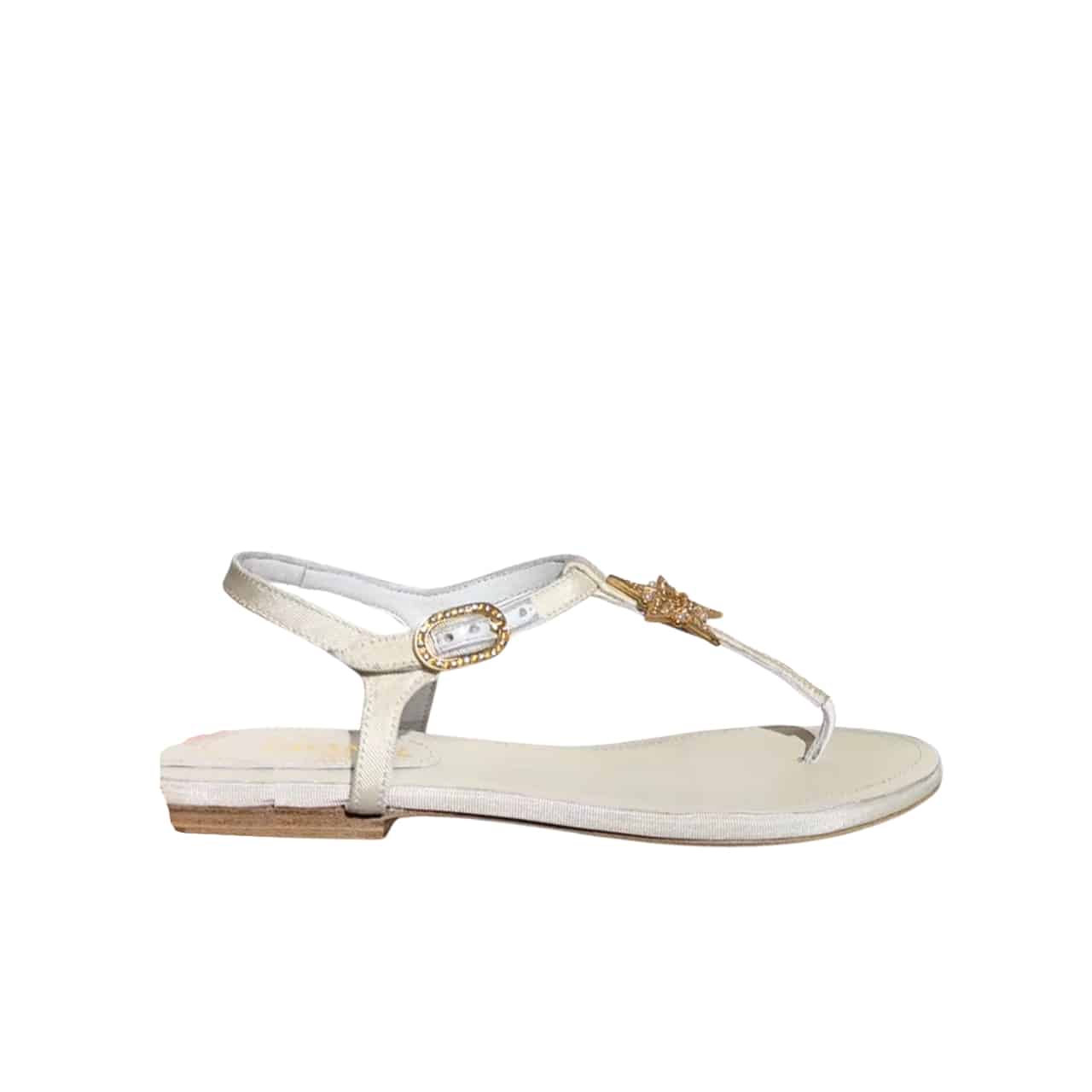 Chanel Crystal Pearl Thongs White Sandals With Gold Star