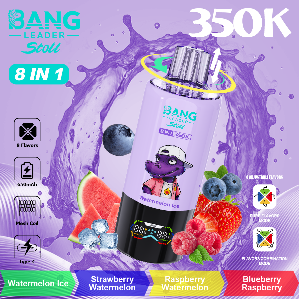 Bang Leader 350K Puffs 8-in-1 Prefilled Vape | 8 Flavors in 1 Device,  Rechargeable, 3%  5%
