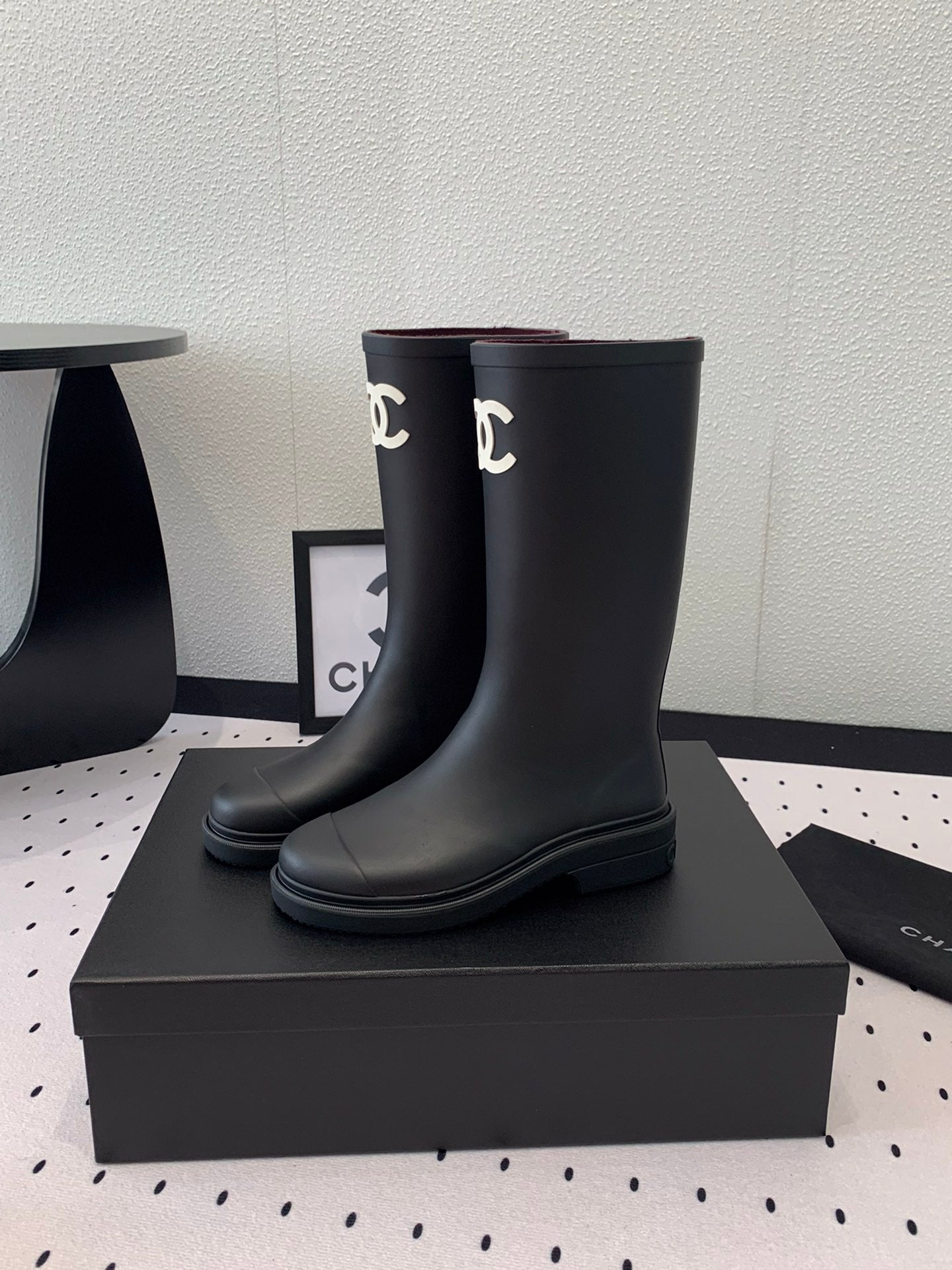 Chanel CC Logo Rain Boots Black Rubber Heel 47cm