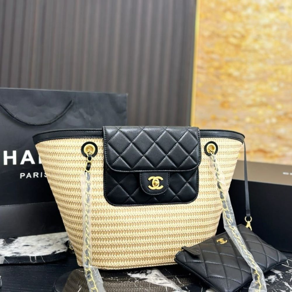 Chanel Small Shopping Bag Braided Straw Beige Black 25Cm
