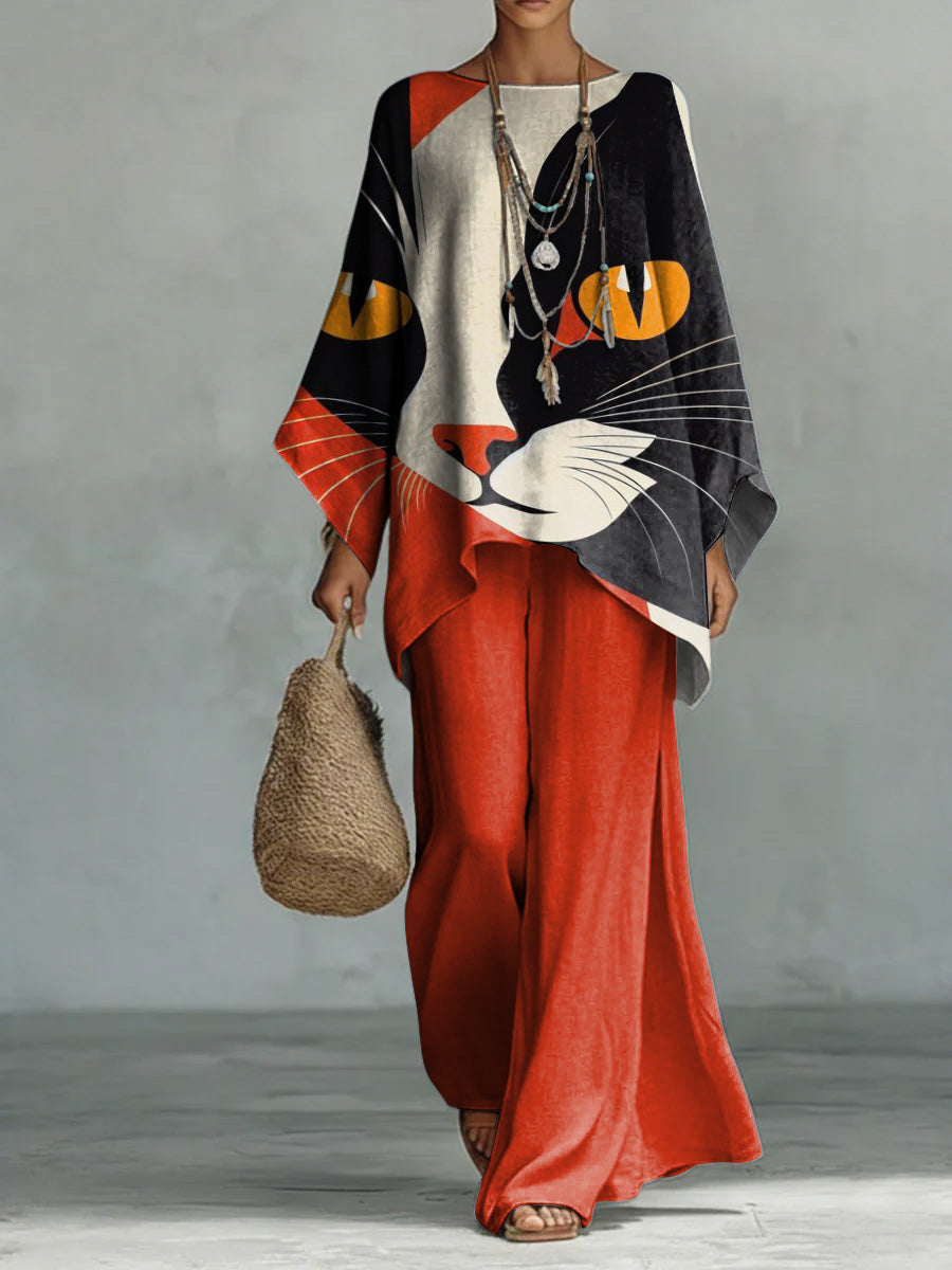 Color Block Elegant Cat Decorative Pattern Casual Long Sleeve Cotton And Linen Top And Pants