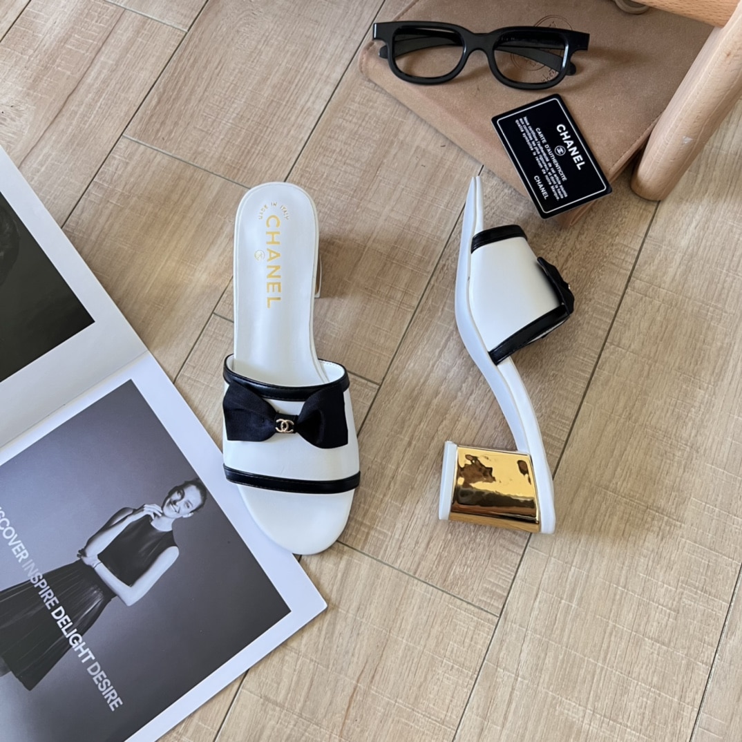 Chanel Grosgrain Ribbon Bow Mule Leather White