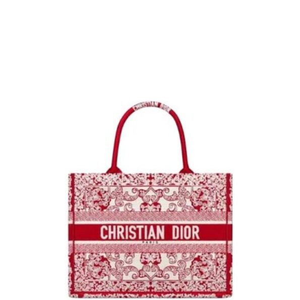 DIOR MEDIUM BOOK TOTE BANDANA EMBROIDERY WHITE AND RED 35 CM