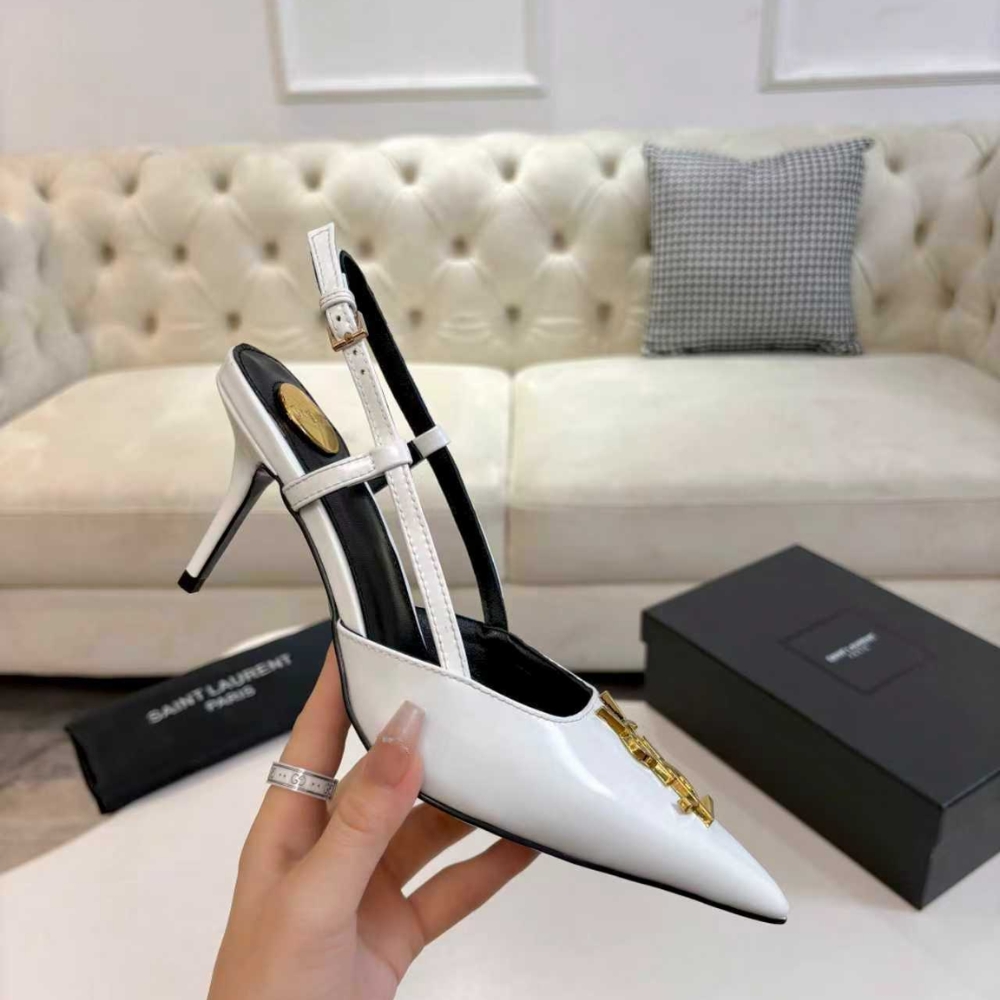 Saint Laurent Pointed Toe Slingback Pumps With Gold Tone Metal White