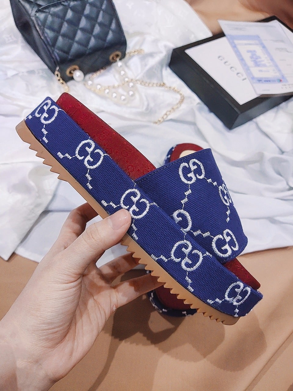 Gucci Women?S With Gg Pattern Slide Sandal Dark Blue