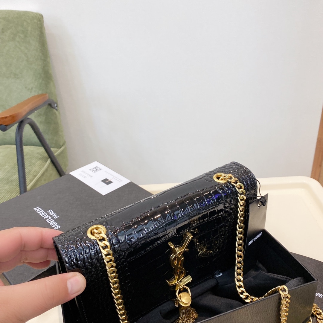 Saint Laurent Kate Medium With Tassel In Shiny Crocodile Embossed Leather Black 22Cm 354119Aaay14083