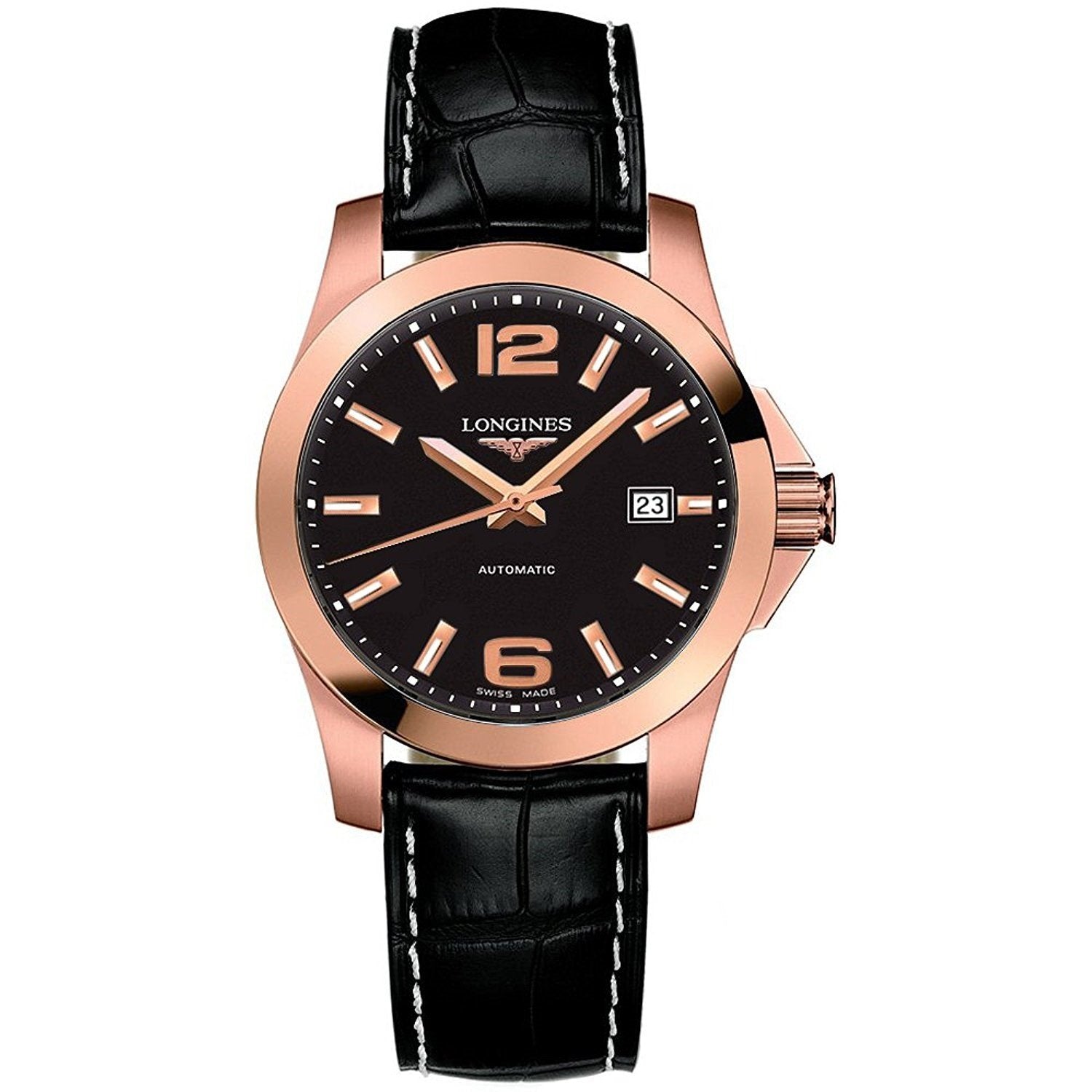 【Super Clone】Longines Men's L36768563 Conquest 18kt Rose Gold Automatic Black Leather Watch
