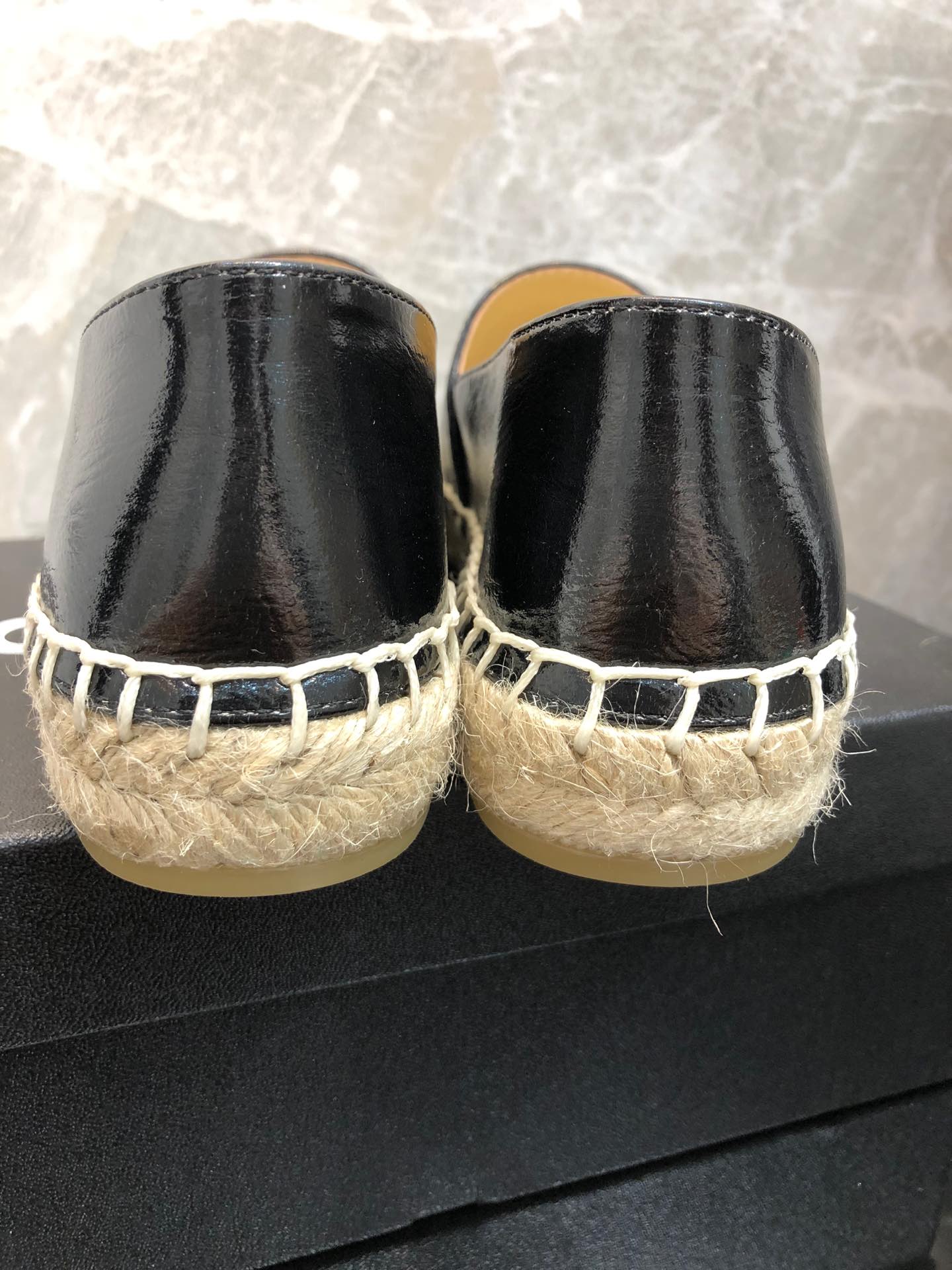Chanel Embroidered Espadrille Leather Cap Toe Flats Black Cc