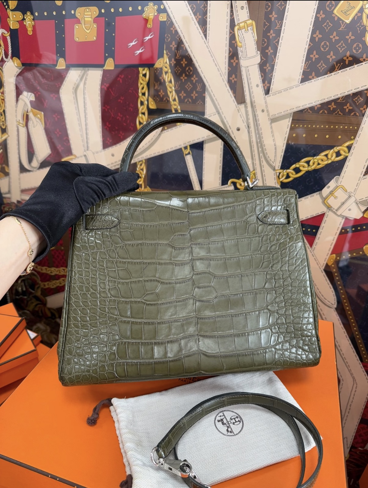 Kelly 25-32 Olive Green Matte Crocodile Leather Silver Hardware Custom