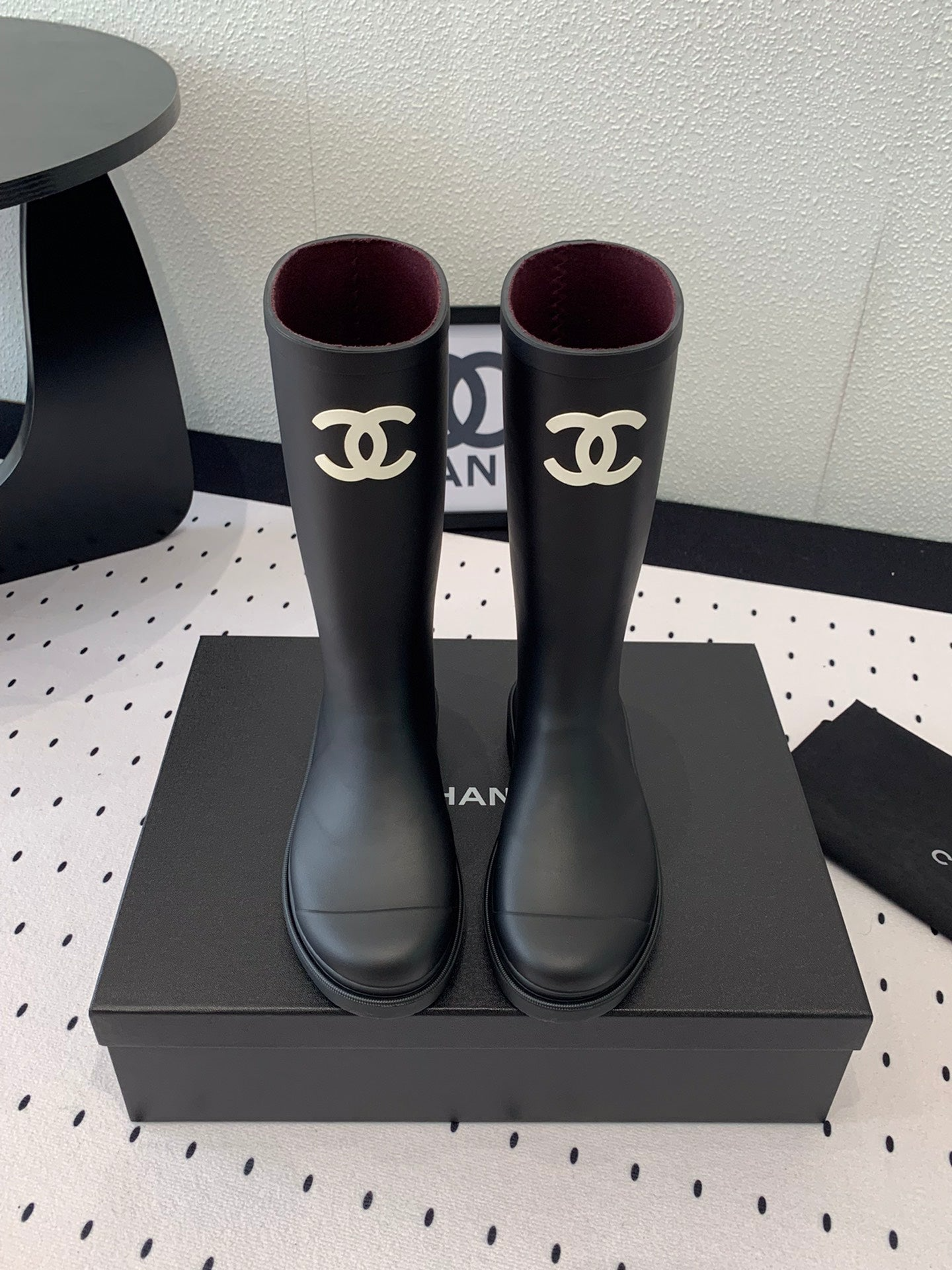 Chanel CC Logo Rain Boots Black Rubber Heel 47cm