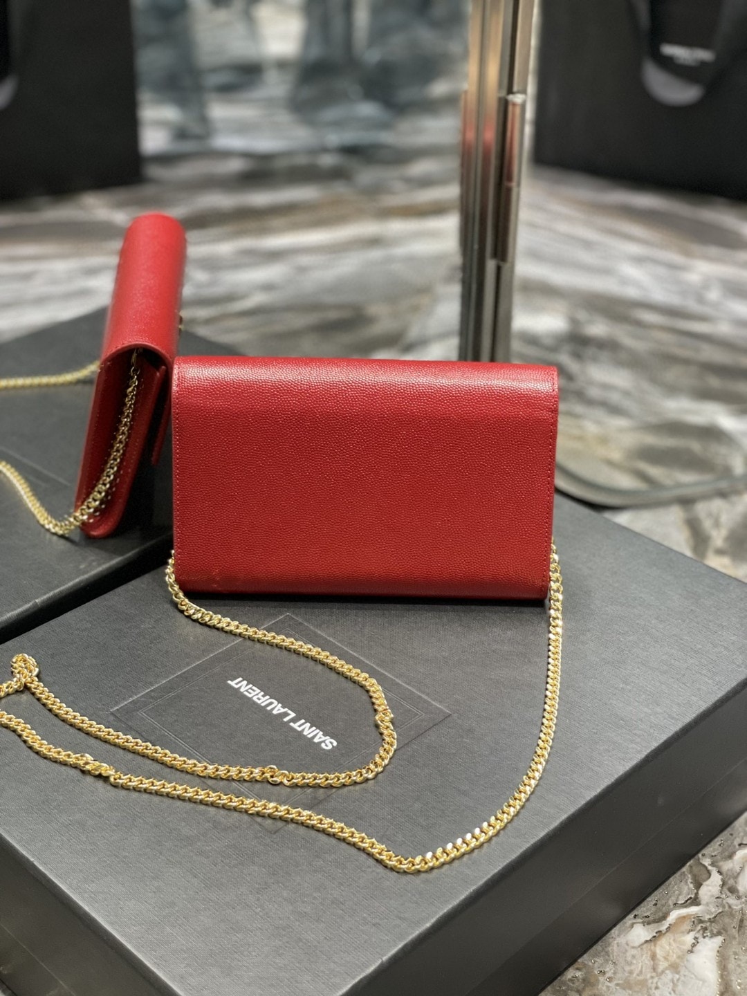 Saint Laurent Uptown Chain Wallet In Grain De Poudre Embossed Leather Red 19Cm