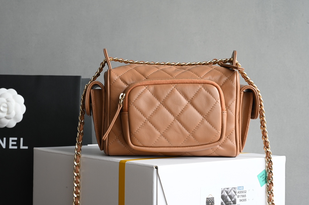 24K Camera Bag in Caramel Quilted Lambskin with Light Gold-Tone Hardware (Model AS5156)