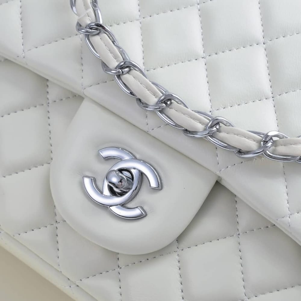 Chanel Classic Double Flap Bag White Silver Hardware 25cm