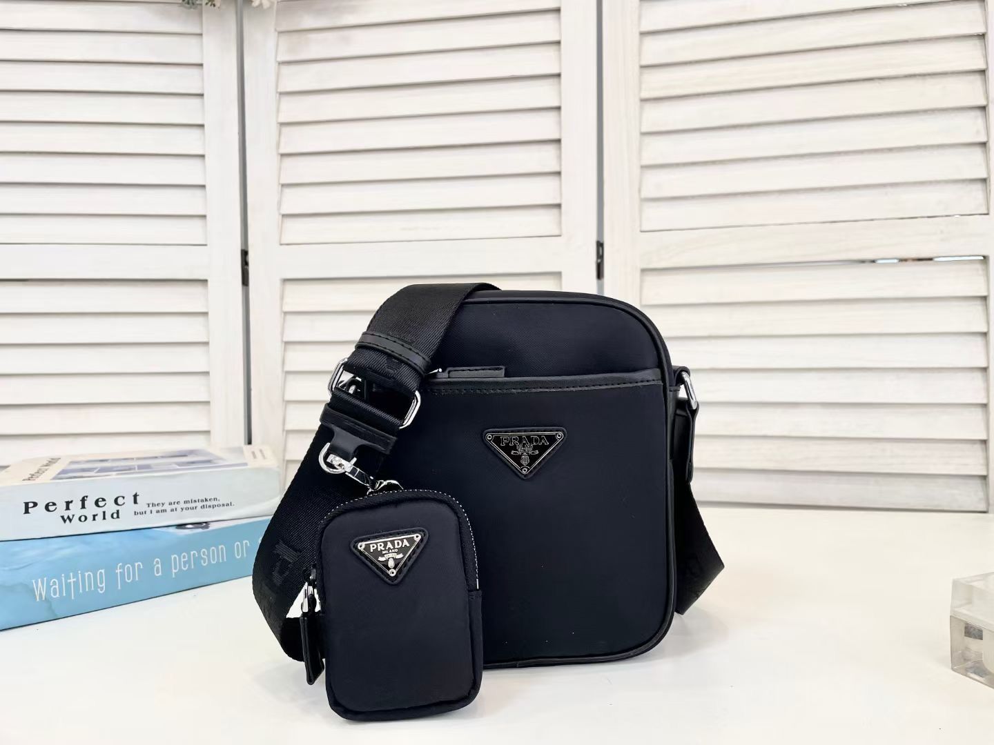 Prada Re Nylon Saffiano Logo Leather Bag Black 21Cm