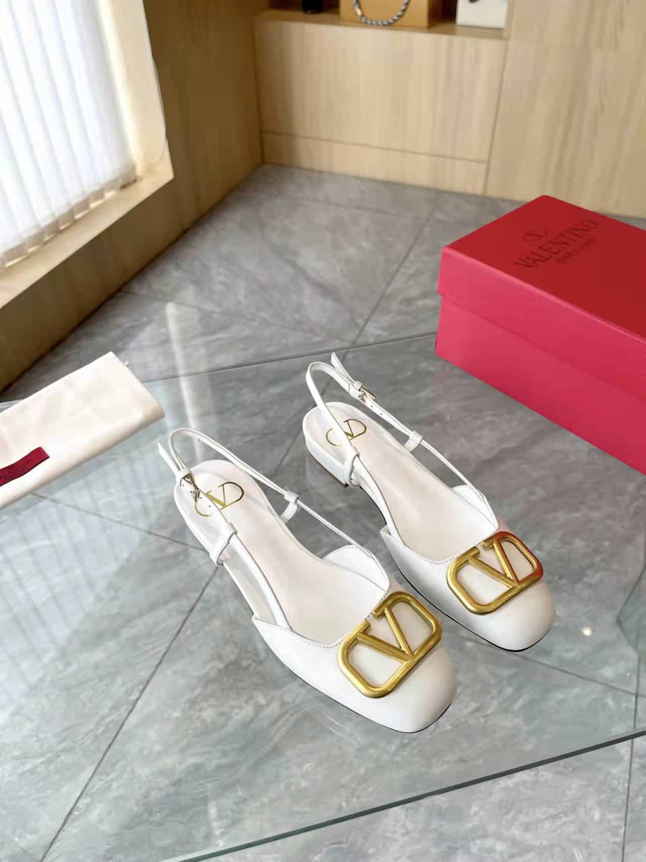 Valentino Garavani V Logo Leather Slingback Flats White
