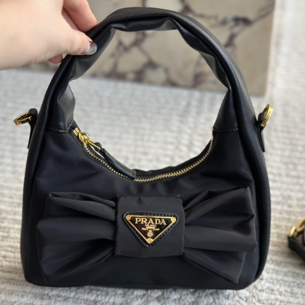 Prada Re Nylon And Nappa Leather Mini Bag With Bow Black 20Cm
