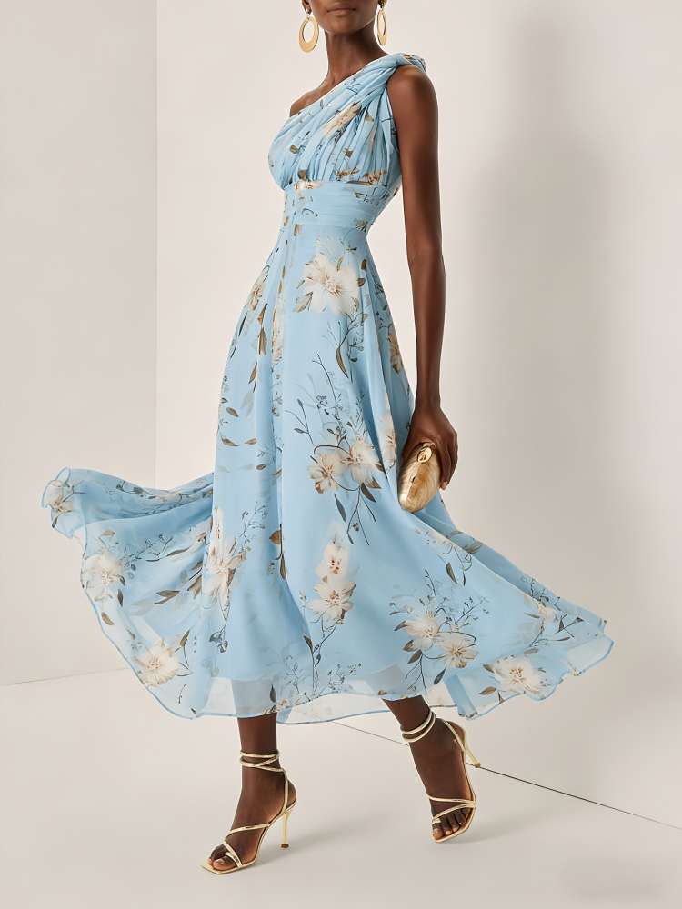 Floral One Shoulder Flowy Sleeveless Long Dress