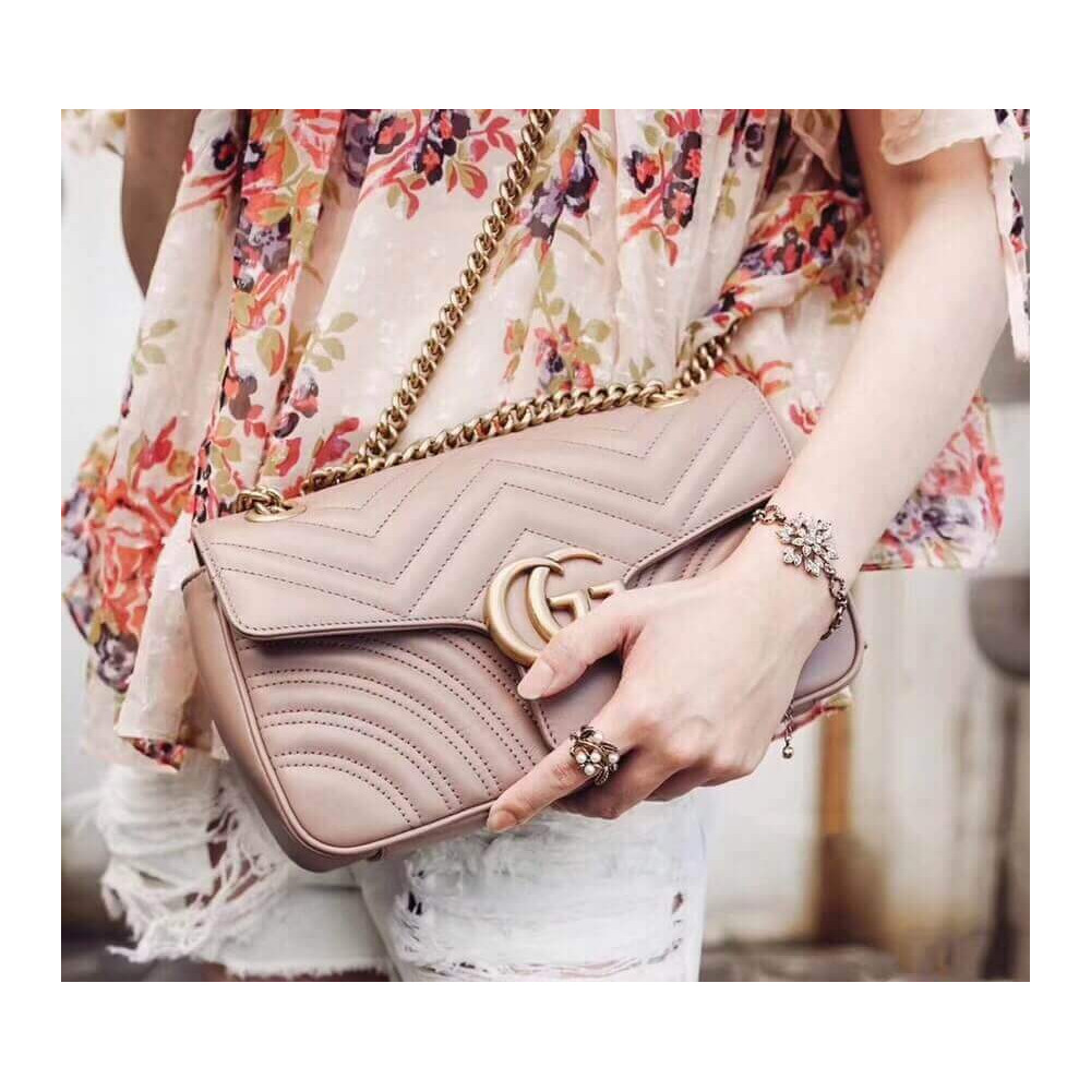 Gucci GG Marmont Matelasse Chevron Leather Small Shoulder Bag Nude Pink