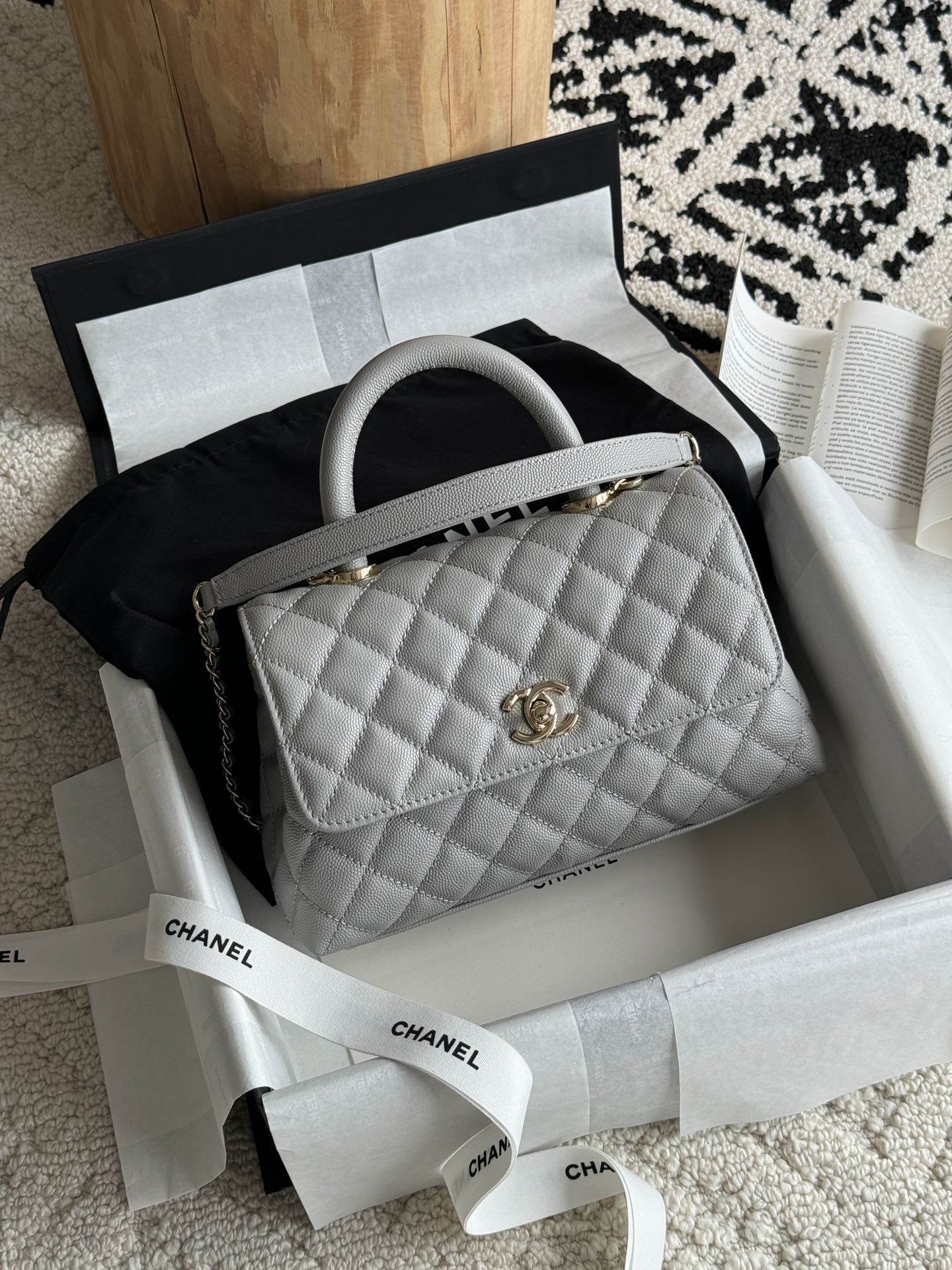 Small Coco Handle Flap Bag in Light Grey Quilted Caviar Leather with Light Gold-Tone Hardware