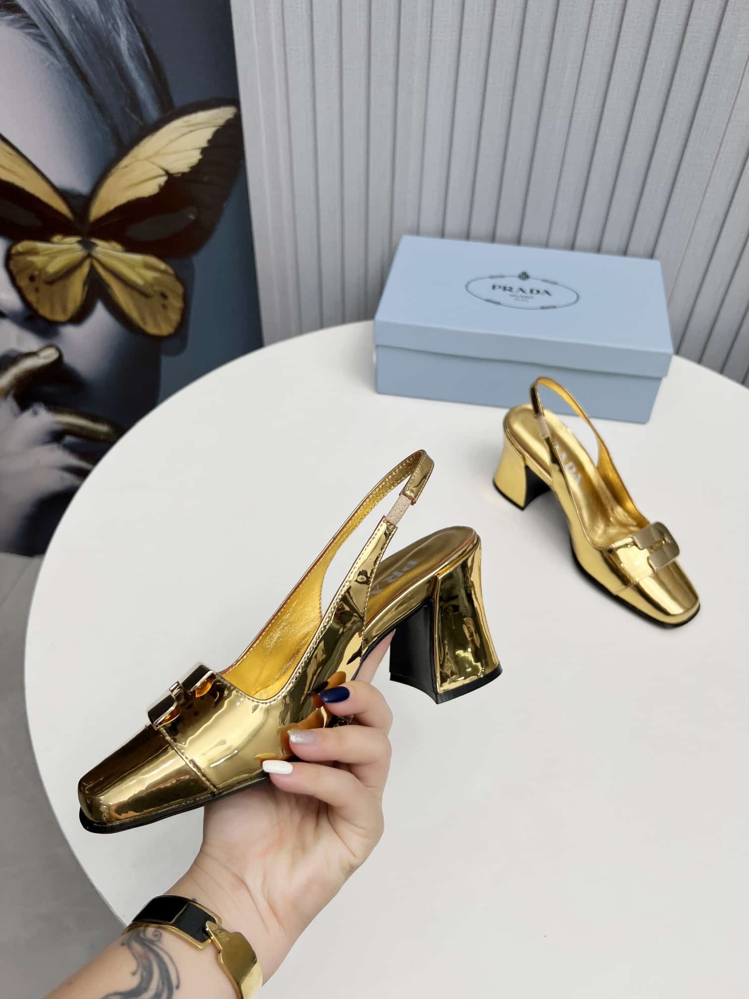 Prada Leather Slingback Pumps Gold
