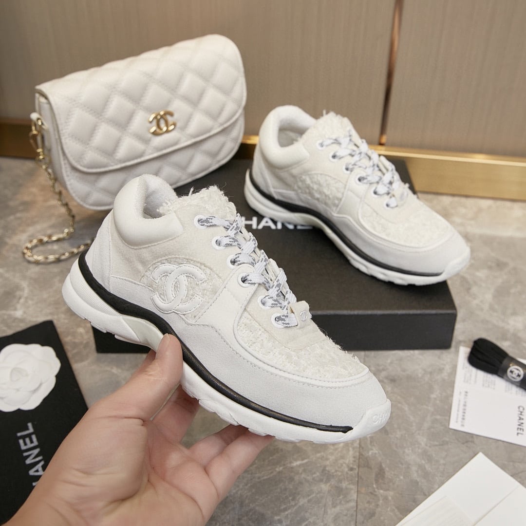 Chanel Velour Tweed Cc Sneaker White
