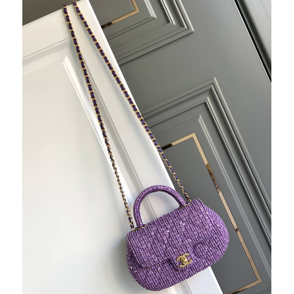 Chanel Mini Sequin Flap Bag with Top Handle Purple Tweed