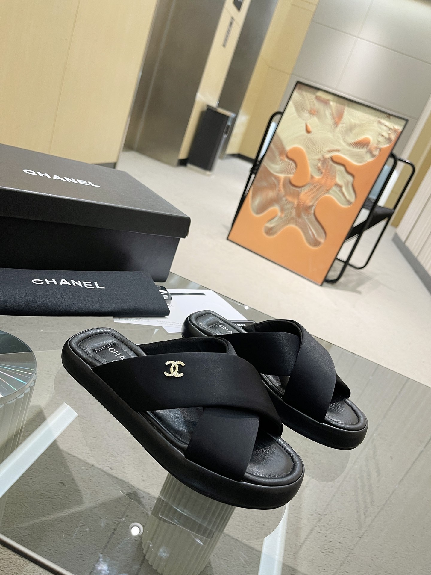 Chanel Cc Logo Criss Cross Slides Black