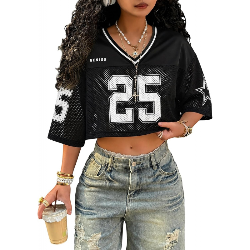 Jersey Shirts for Women Y2k Graphic Number Tees Hip Hop V Neck