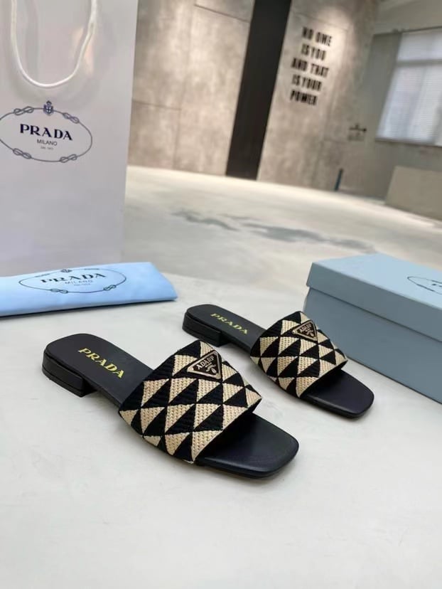 Prada Embroidered Fabric Slides Black Yellow