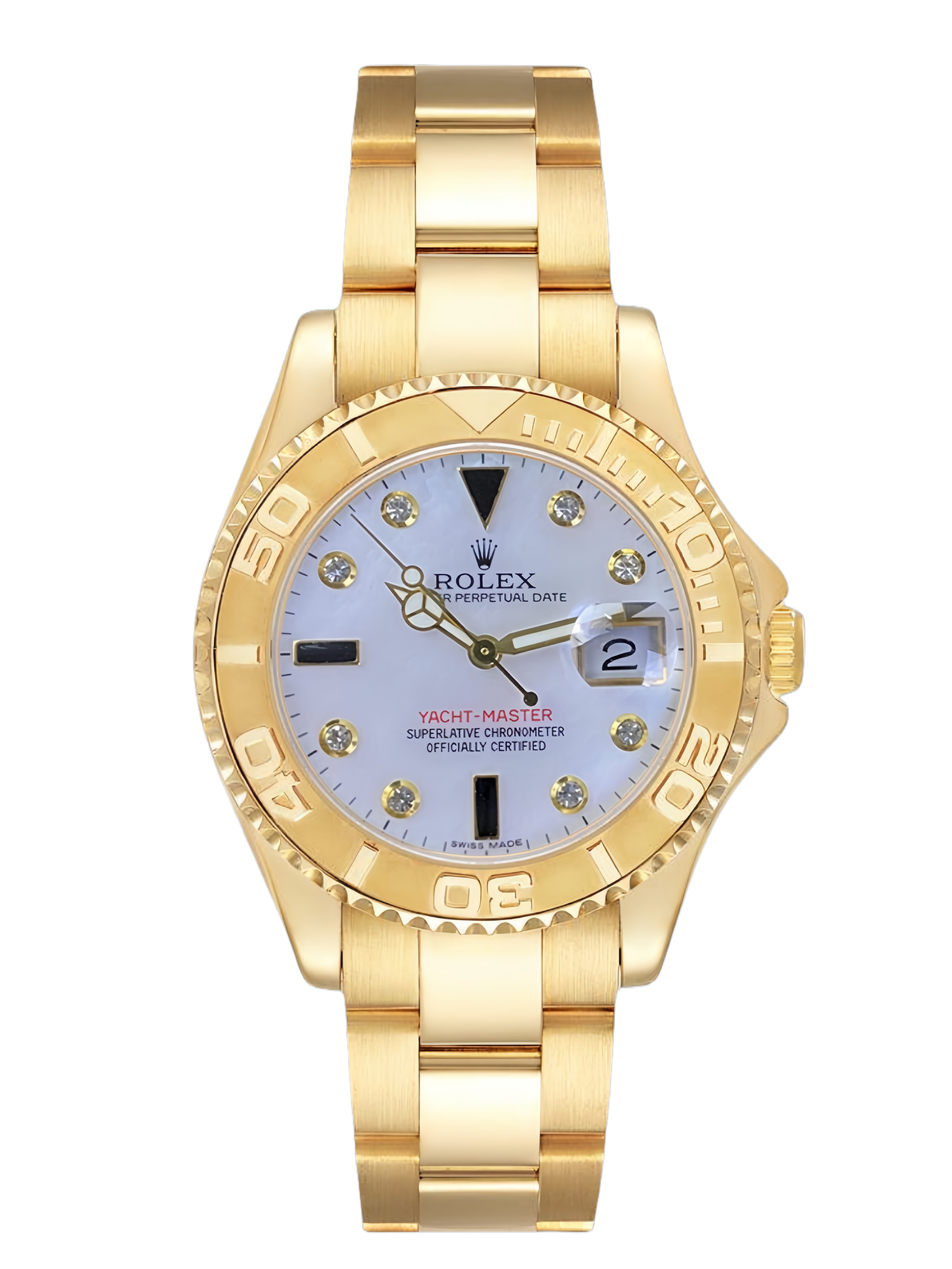 【Super Clone】Rolex Yacht Master 168628 White Mother of Pearl Diamond Dial Yellow Gold Case 35mm Women's Watch