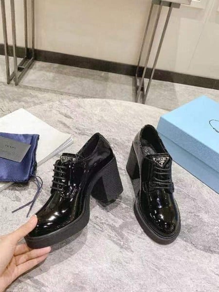 Prada Heeled Brushed Leather Lace-Ups Shiny Black