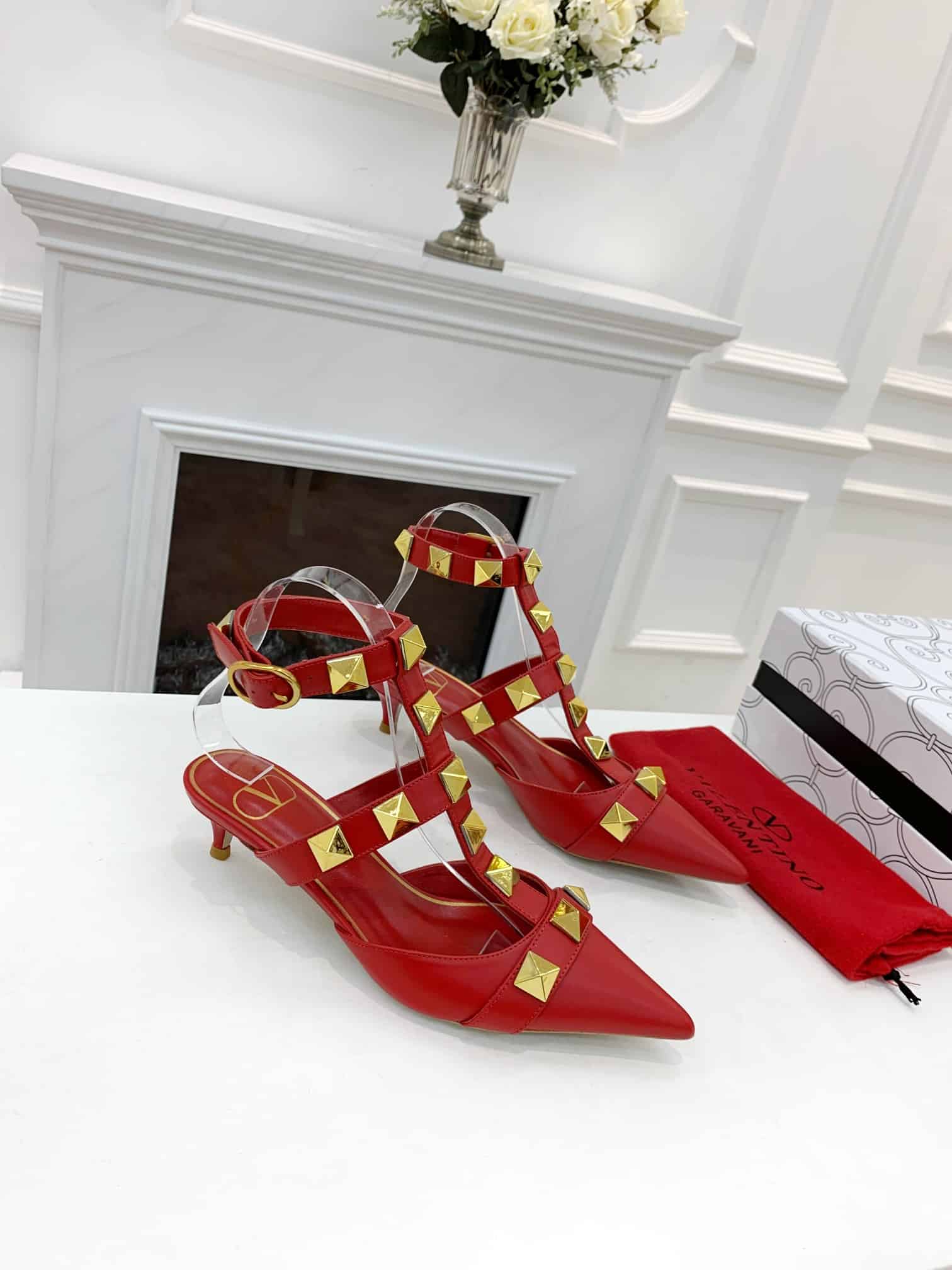 Valentino Garavani Roman Stud Kitten Heel Pumps Red