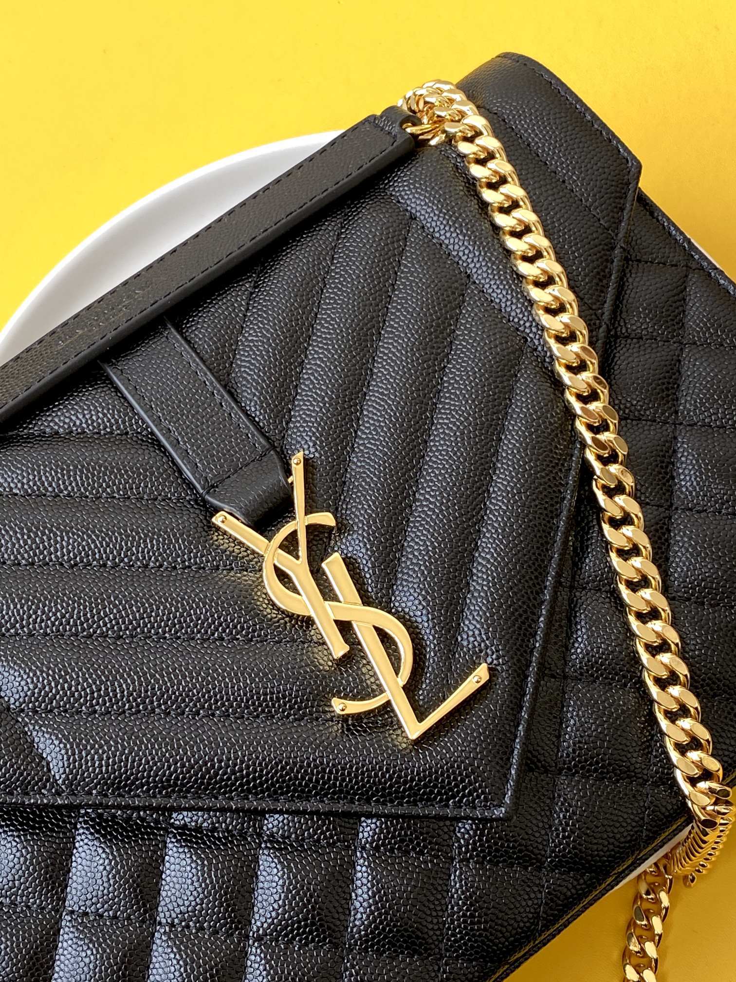 Saint Laurent Envelope Medium Chain Bag In Supple Matelasse Leather Black Gold 24Cm