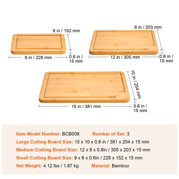 Cutting Board, 3 Pieces, Premium Versatile Bamboo Cutting Board with Food-Grade Oil and Juice Groove,Sturdy & Durable Chopping Board with Built-in Handle, Fit for Display, Chopping & Serving