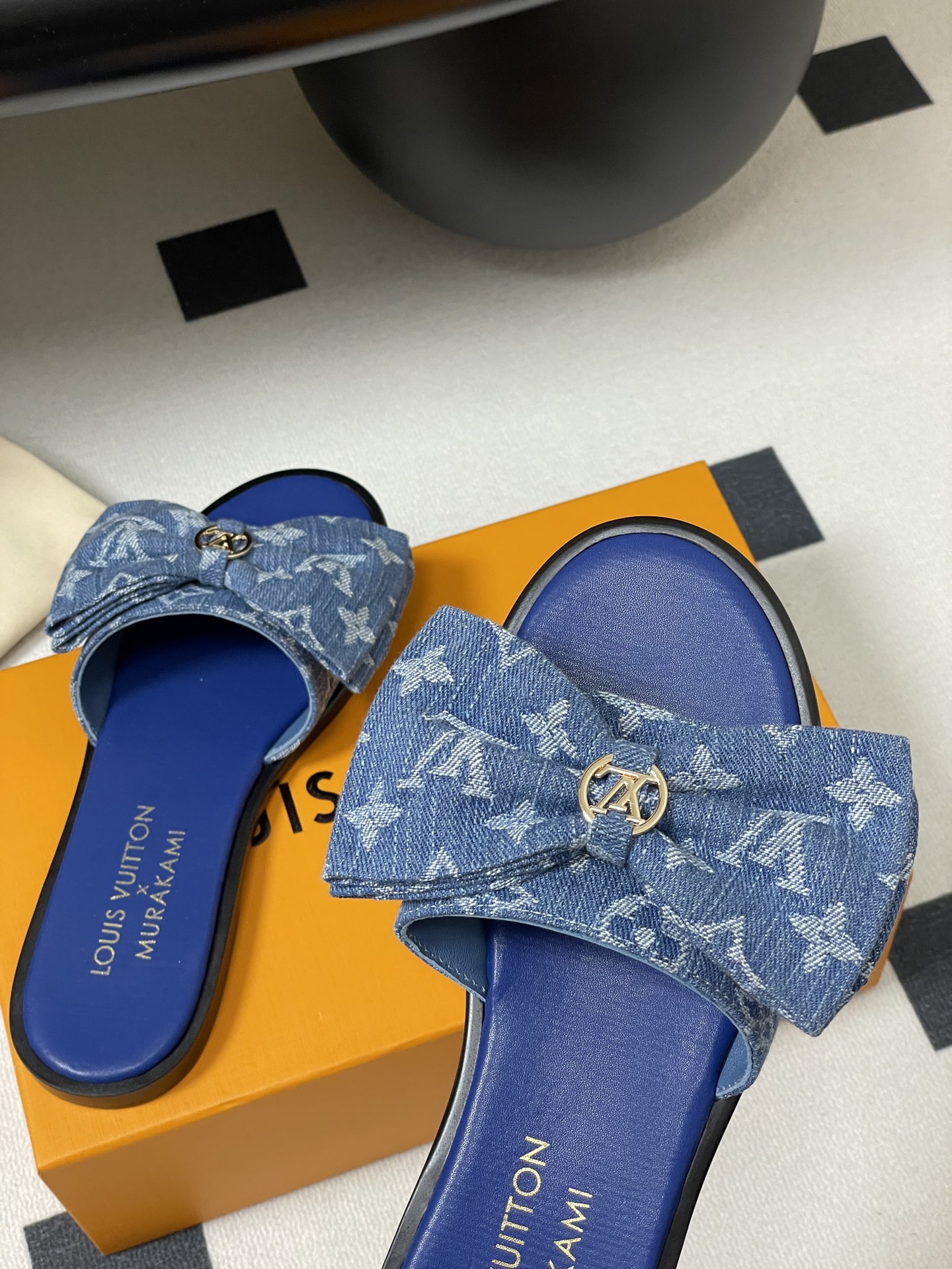 Louis Vuitton x Takashi Murakami Lily Flat Mule Bow Slide Sandals Blue Canvas 1AGVYA