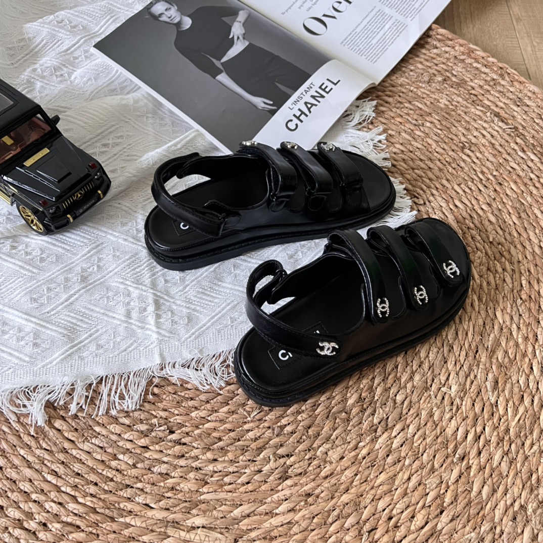 Chanel Triple Velcro Strap Sandals Black G45628 B16403 94305