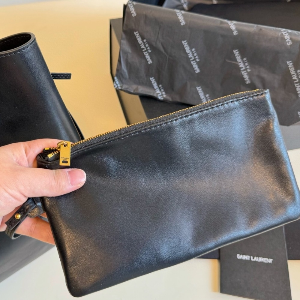 Saint Laurent Paris Vii Pochon Suede Leather Black 24Cm