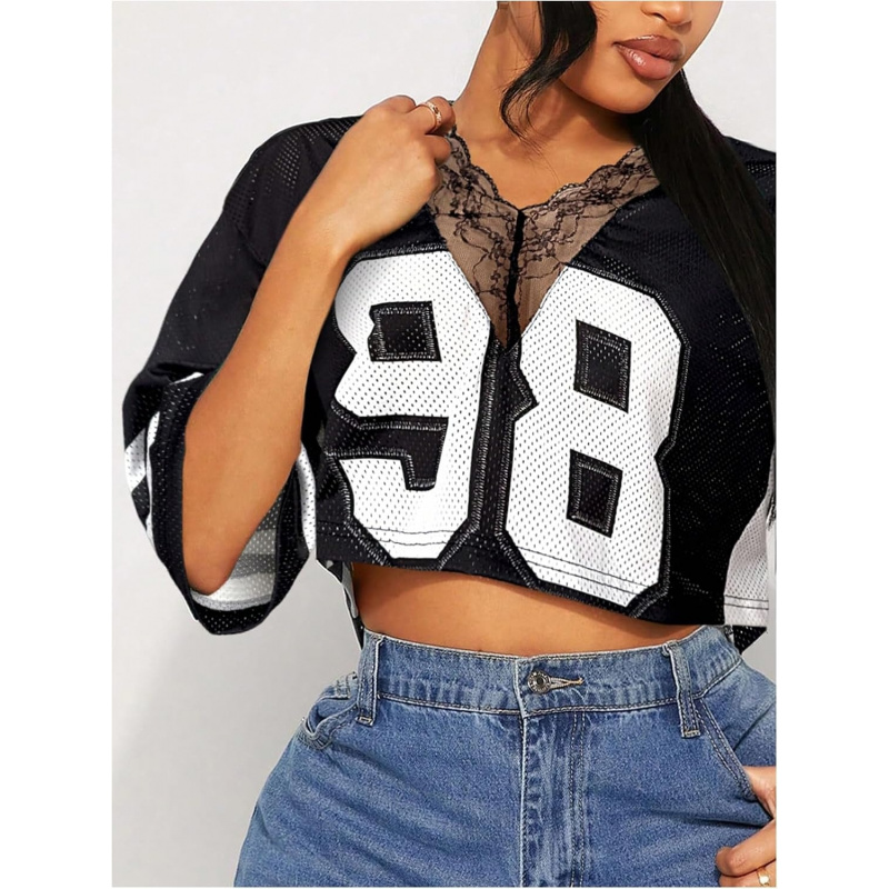 Women's Number Graphic Tees Lace V Neck