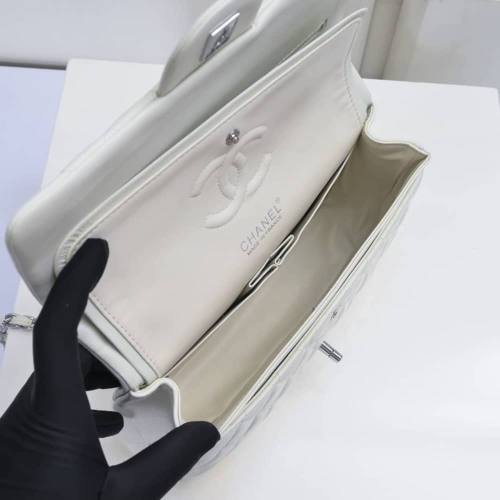 Chanel Classic Double Flap Bag White Silver Hardware 25cm