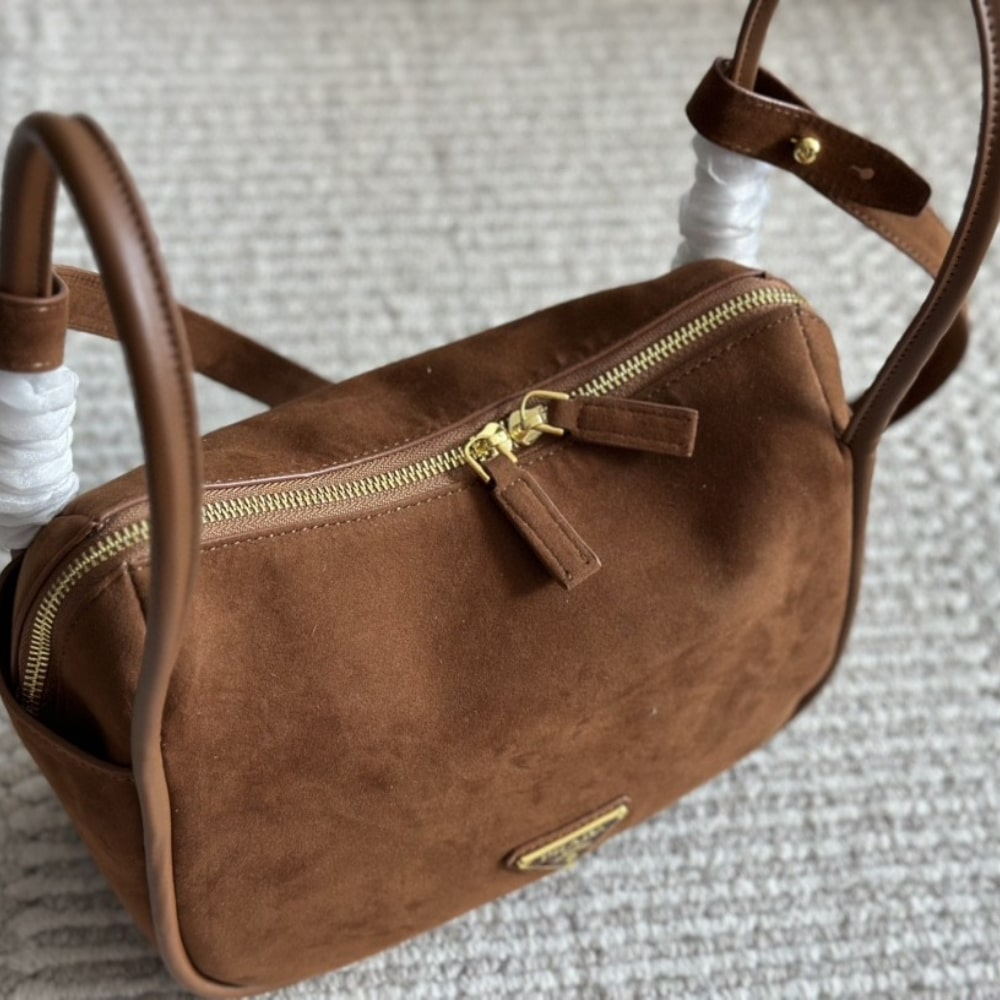 Prada Suede Hand Bag Cocoa Brown 26Cm