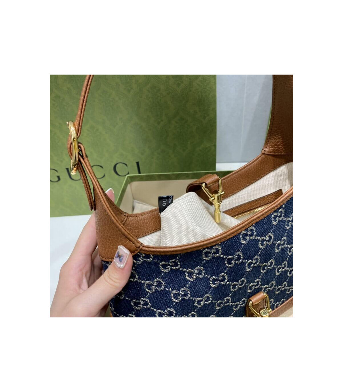 Gucci Jackie 1961 Small Shoulder Bag in Blue Jacquard Denim 28cm