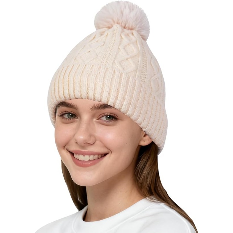 Winter Beanie with Pom Pom Cable Knit Beanie Hats