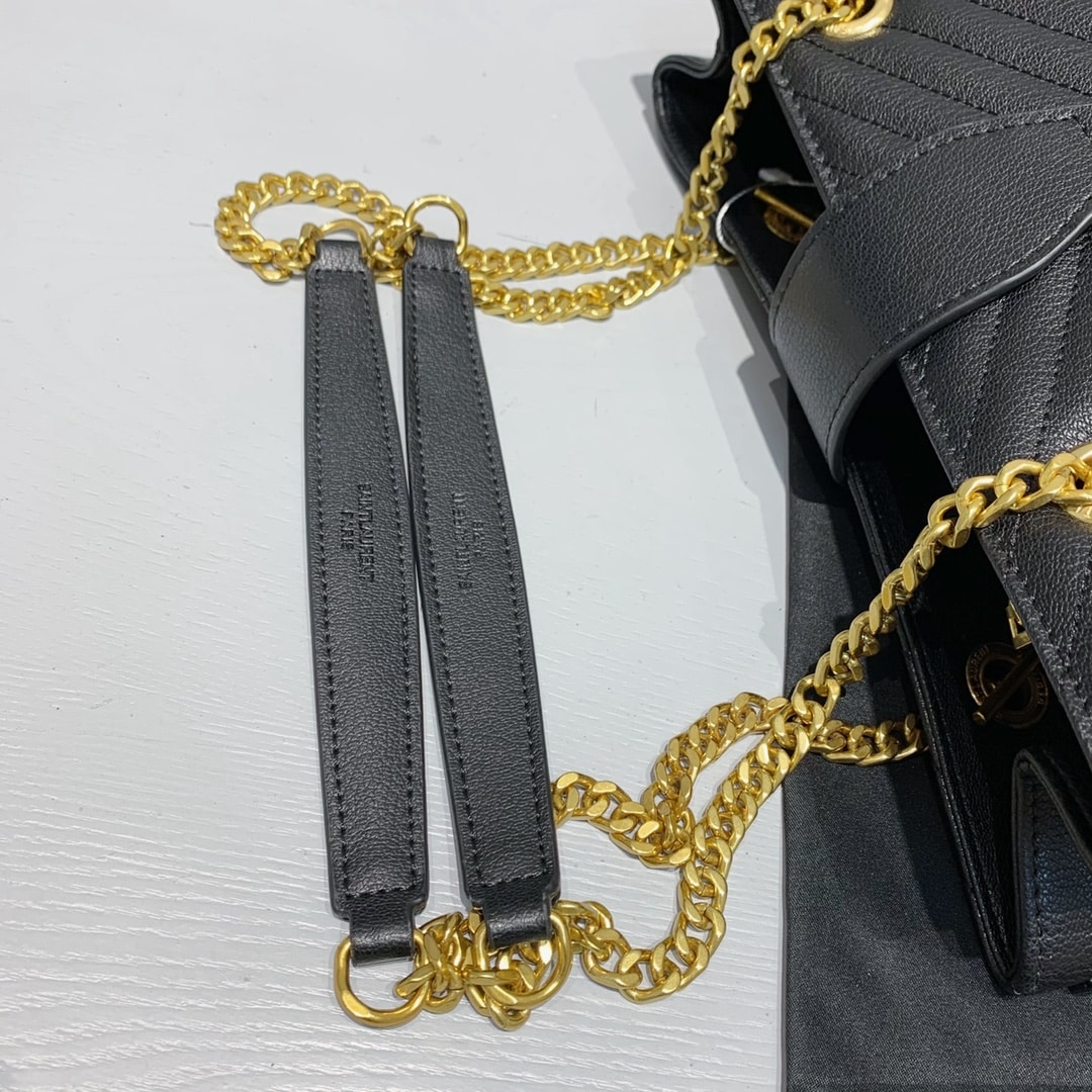 Saint Laurent Black Grain De Poudre Matelasse Chevron Monogram Shopping Bag Gold Hardware