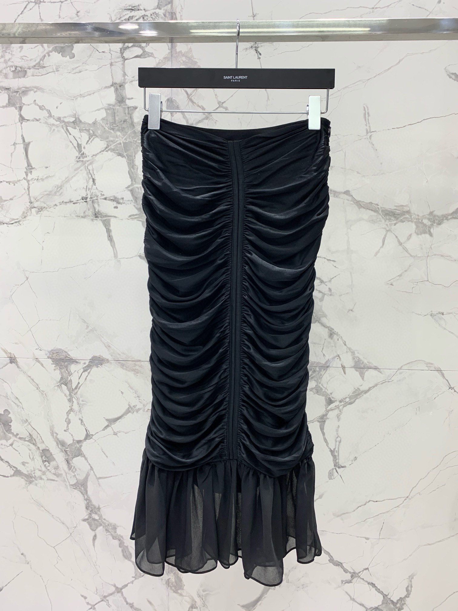 SAINT LAURENT Pleated Acetate Knit Midi Skirt